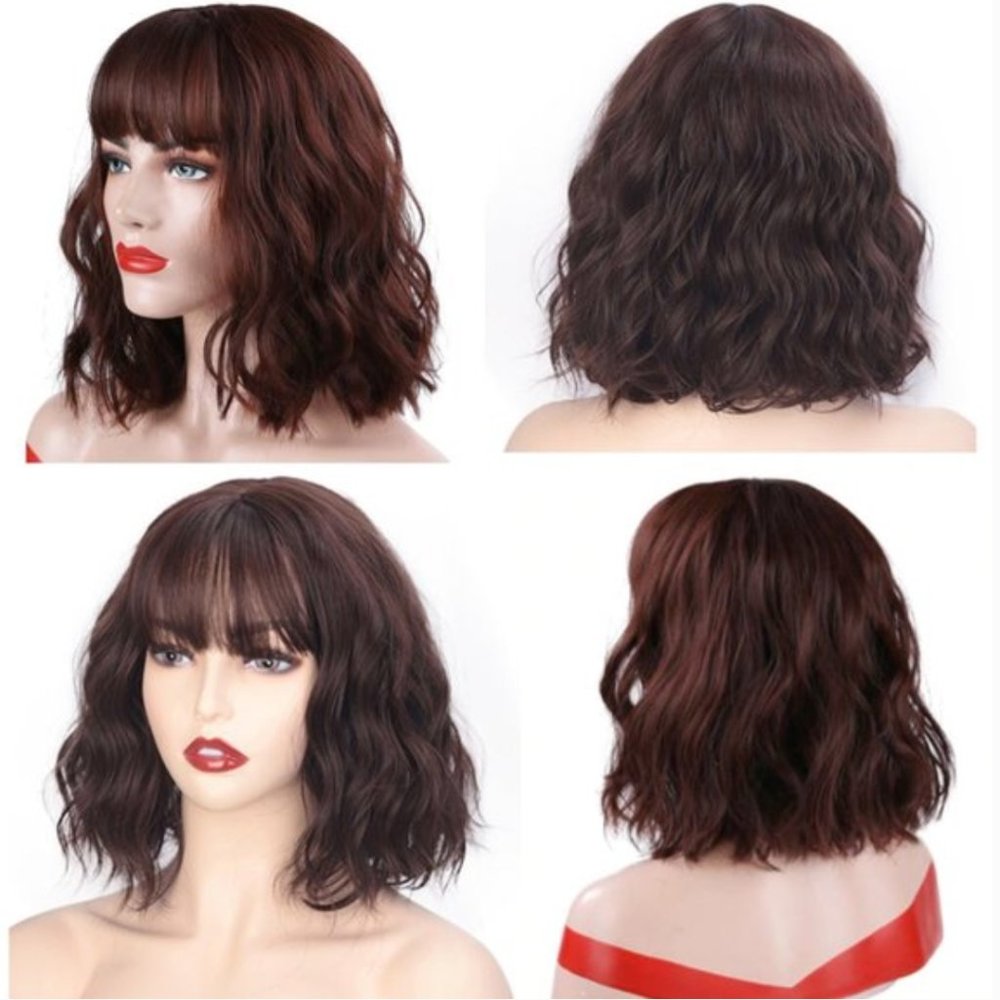 12" Dark Warm Brown Wavy Realistic Wig with bangs